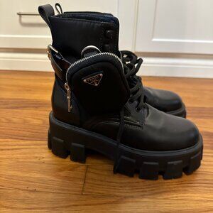 PRADA Monolith brushed leather and Re-Nylon combat boots with pouch